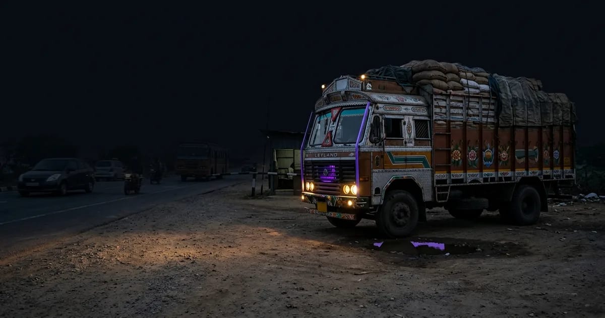 A transport truck detained at an RTO checkpost in India, illustrating the penalty for an expired eWay Bill.