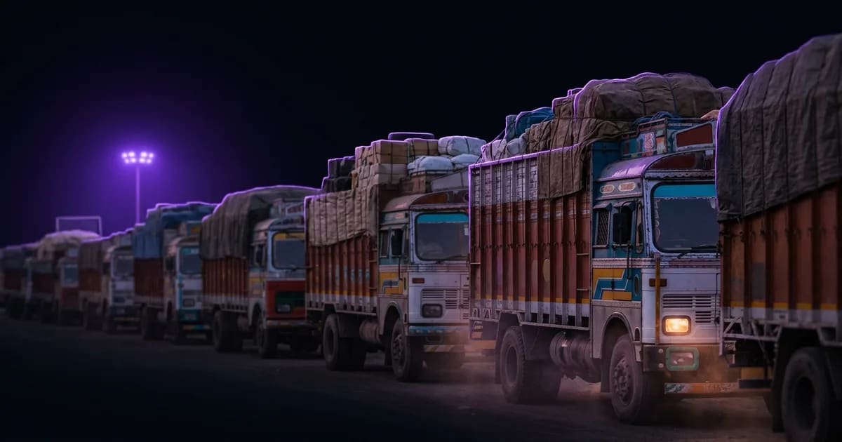 A transport manager at a desk using eWay Bill bulk generation software on a computer to manage a fleet of trucks shown on a map.