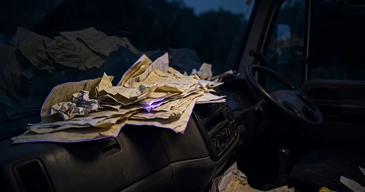 A frustrated transport manager surrounded by stacks of paper PODs, contrasted with a clean digital dashboard showing successful deliveries.