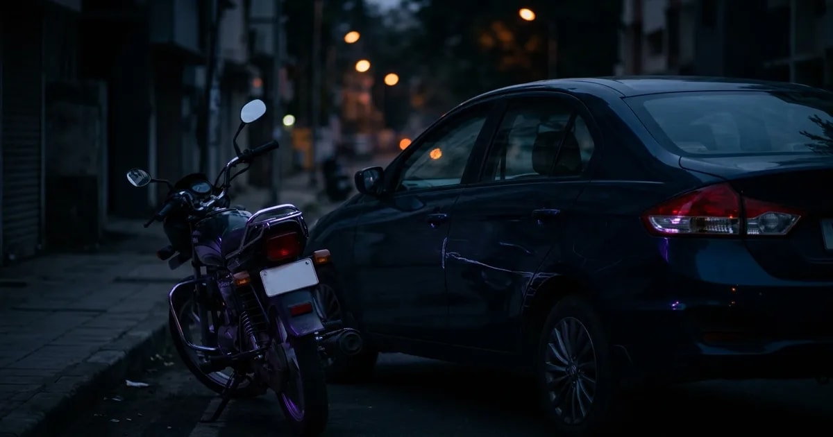 A close-up of a motorcycle number plate with a person in the background using a smartphone to look up details