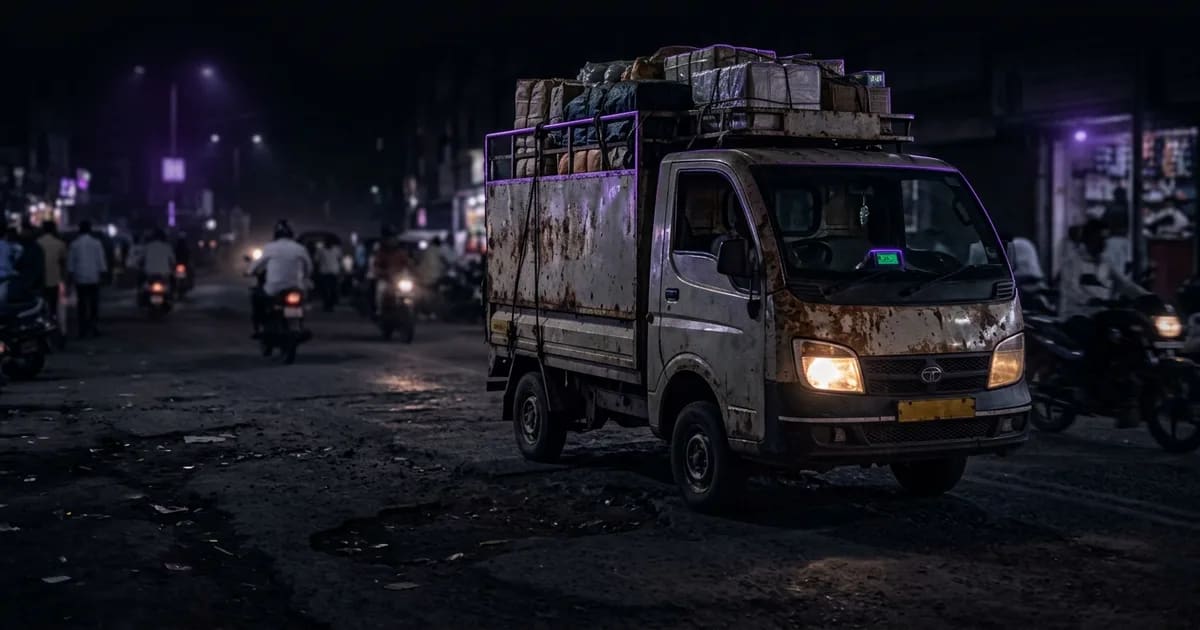 A commercial truck undergoing an RTO fitness inspection at a checkpoint in India.
