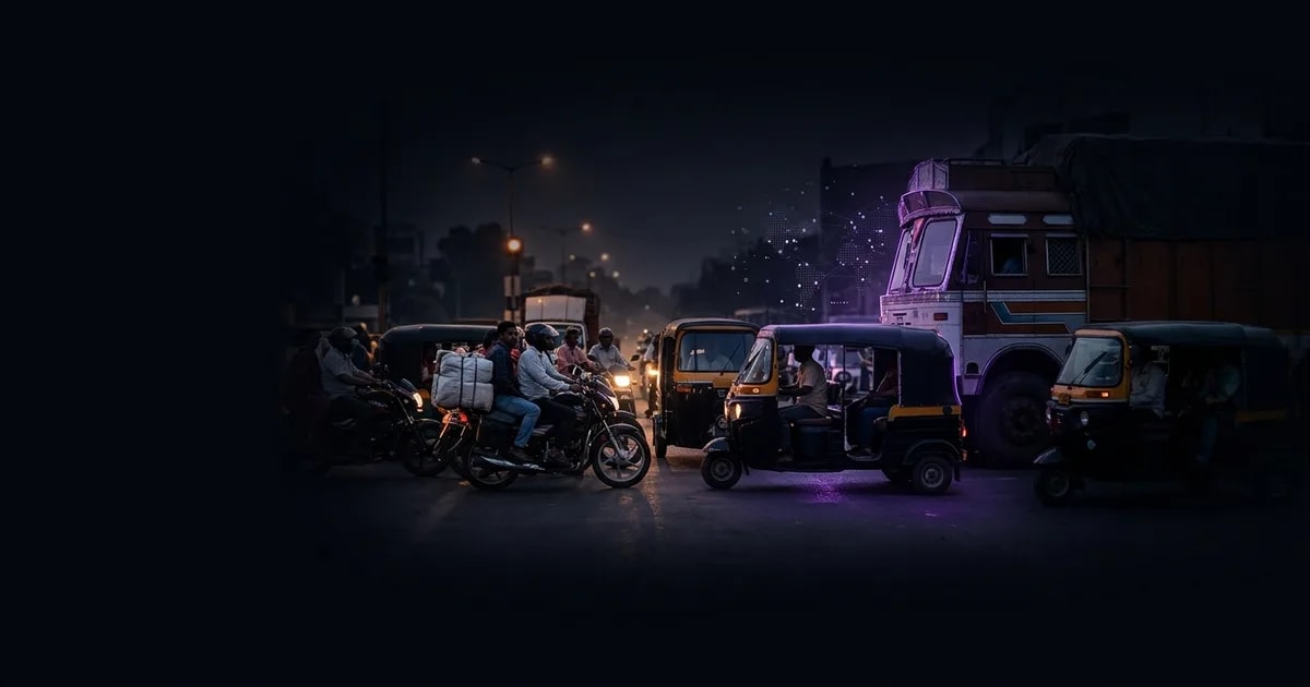 A split view showing a truck on an Indian highway from a dashcam and the driver's perspective.