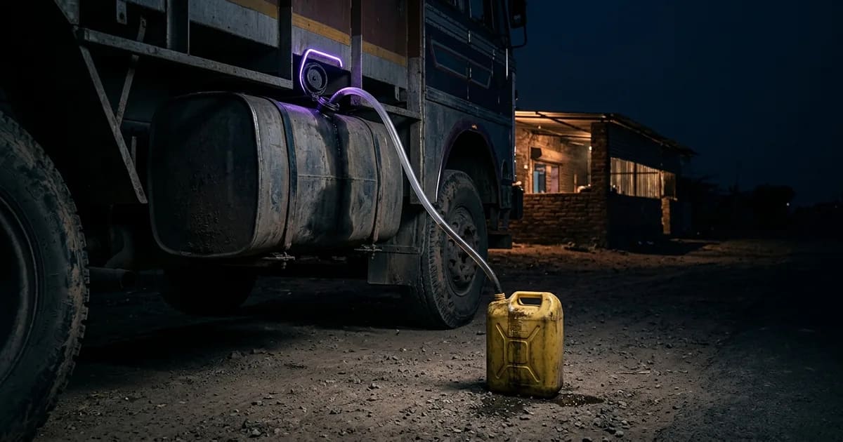A diagram showing how a fuel sensor in a truck's tank sends theft alerts to a fleet manager's phone