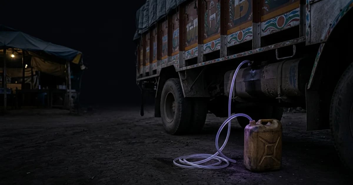 A hand siphoning diesel from a truck's fuel tank into a plastic can at a highway dhaba at night.