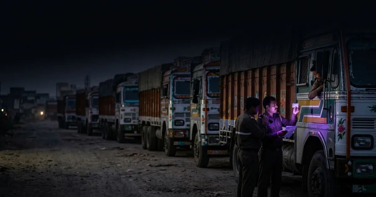 A fleet manager reviewing a driver's digital profile on a tablet in front of a truck fleet.