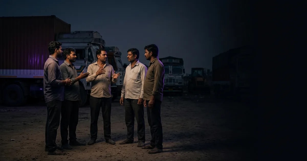 A stressed Indian logistics control room operator talking on the phone with a map in the background