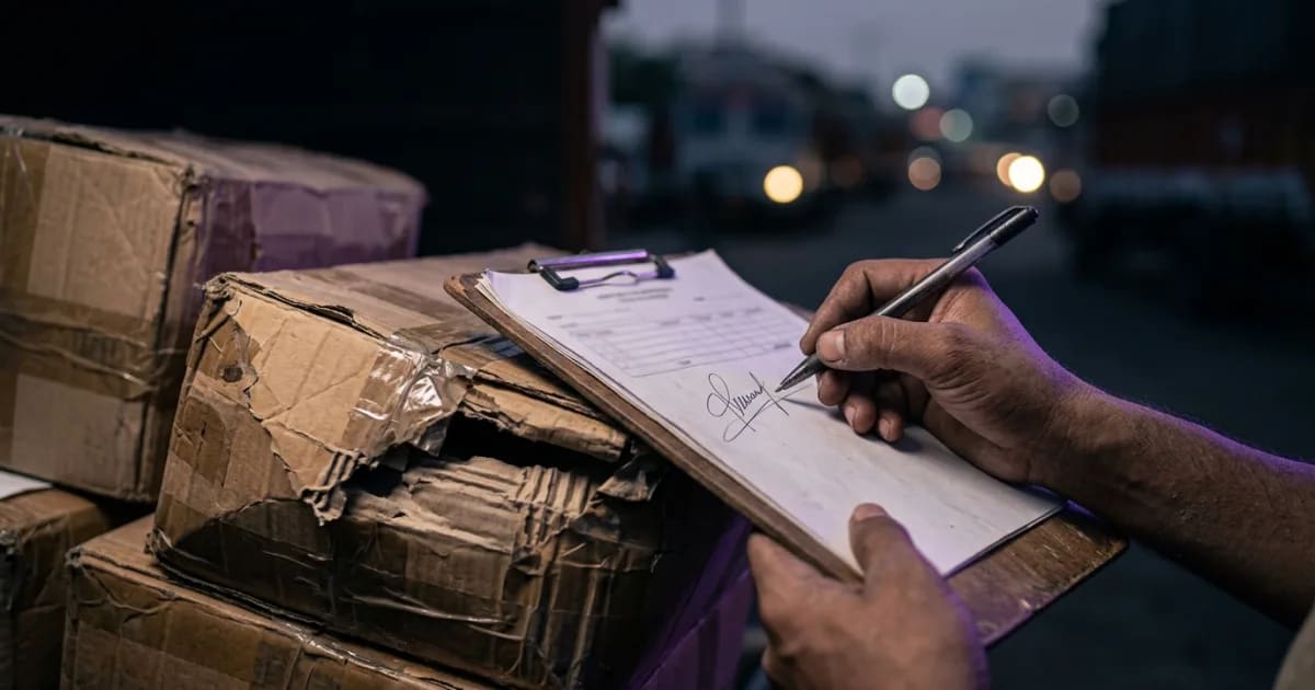 A logistics manager reviewing a digital proof of delivery on a tablet inside a warehouse