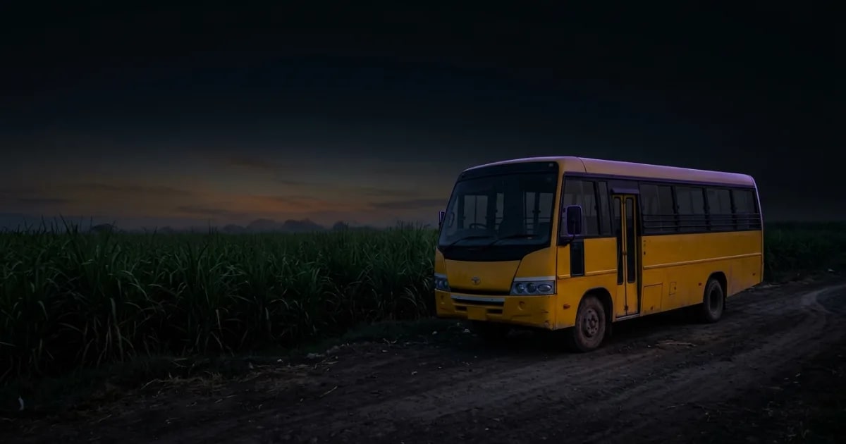 A modern school bus in India equipped with a GPS tracker and dashcam for safety