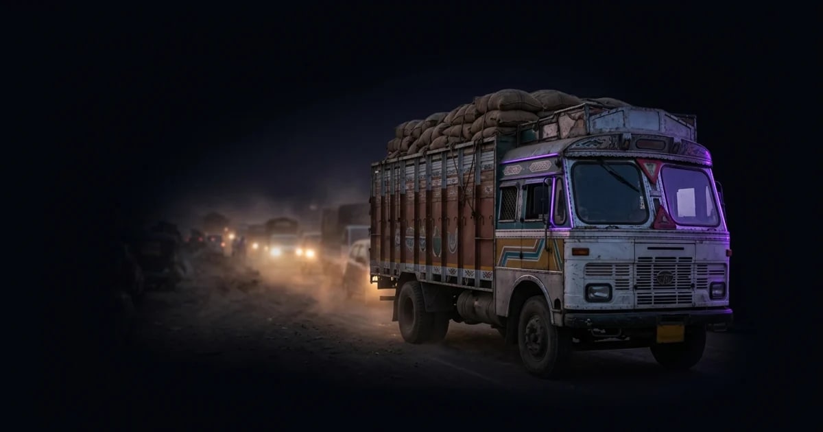A control tower dashboard showing a map of India with live truck locations being tracked