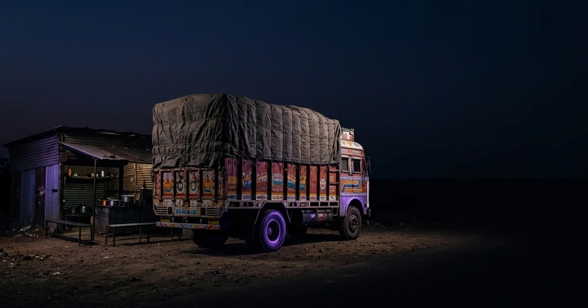 A map of India showing a truck's route with several circular and polygonal geofences around warehouses and no-go zones.