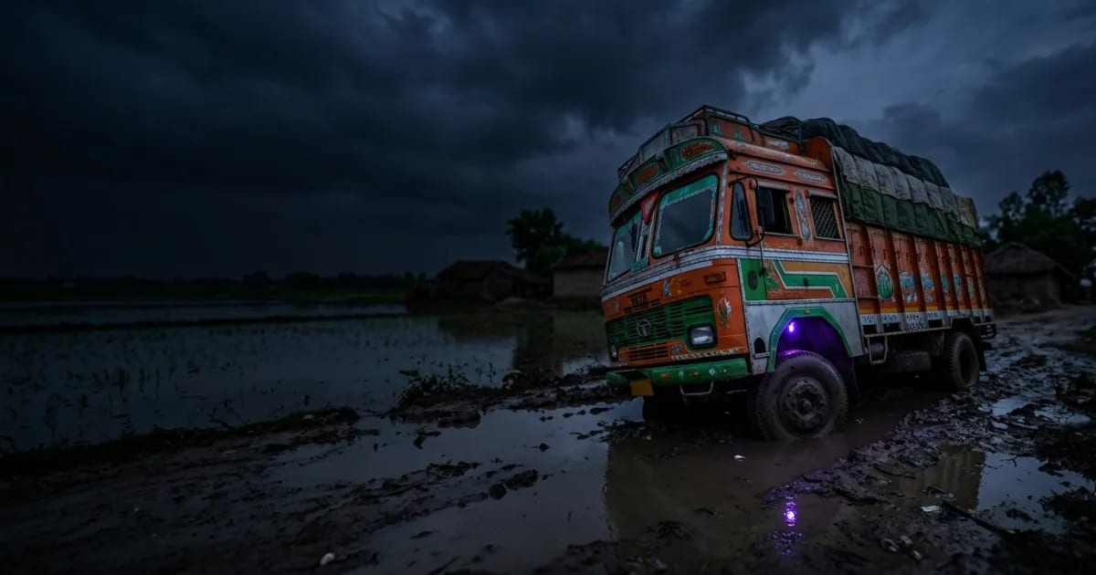A GPS tracker being installed in a commercial truck in an Indian transport yard