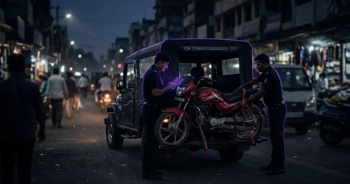 A map interface on a smartphone showing the live location of a stolen motorcycle with a police icon nearby.