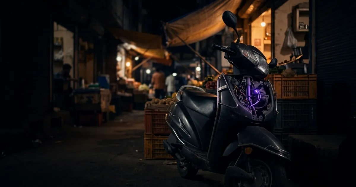 A GPS tracker being covertly installed under the seat of a delivery motorcycle
