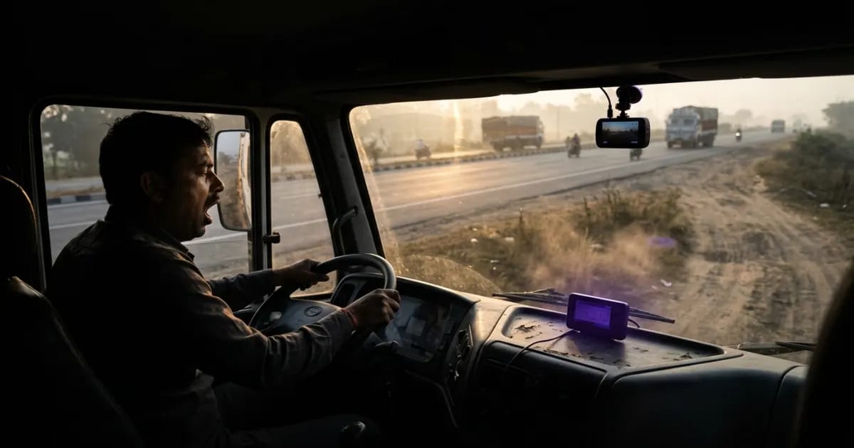 An AI dashcam mounted in a commercial truck in India, showing both the road ahead and the driver.