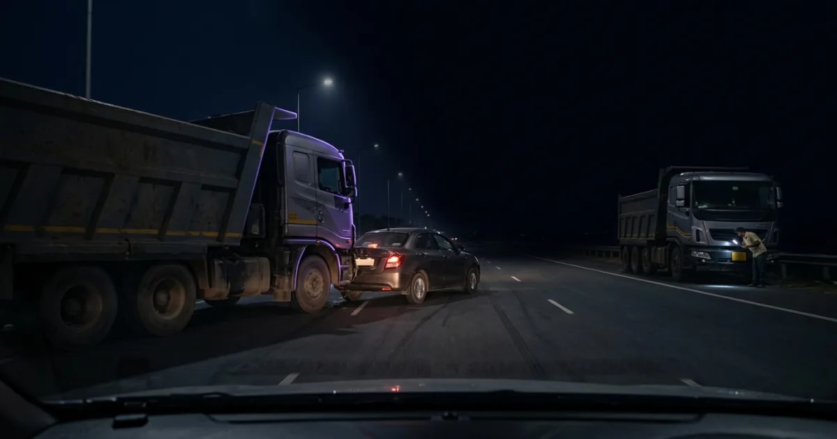 A truck dashcam view showing a near-miss accident on an Indian highway, demonstrating how to prove fault with dashcam footage