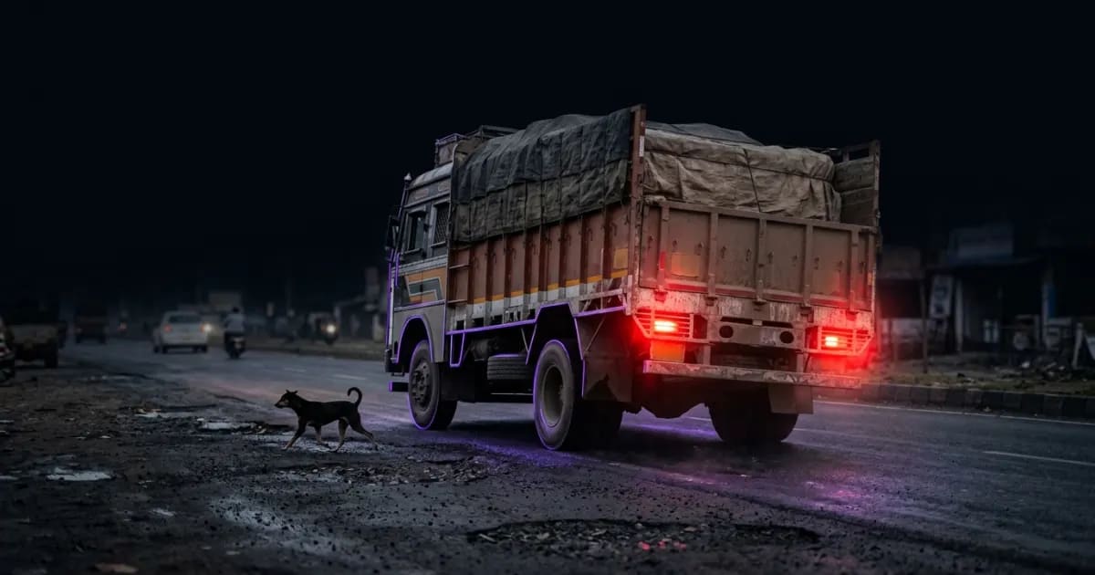 A dashboard view of a truck on an Indian highway, highlighting a driver scorecard on a fleet management software interface.