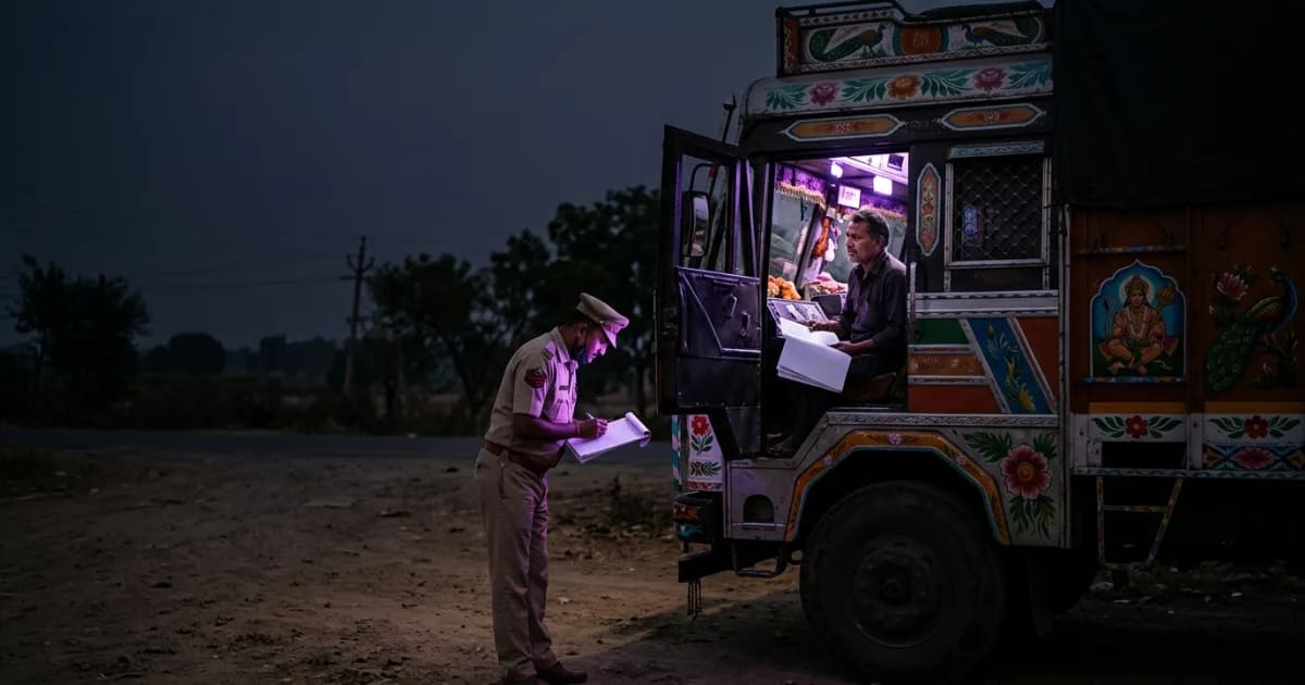 A stack of official Indian vehicle documents like RC, PUC, and permits next to a truck key