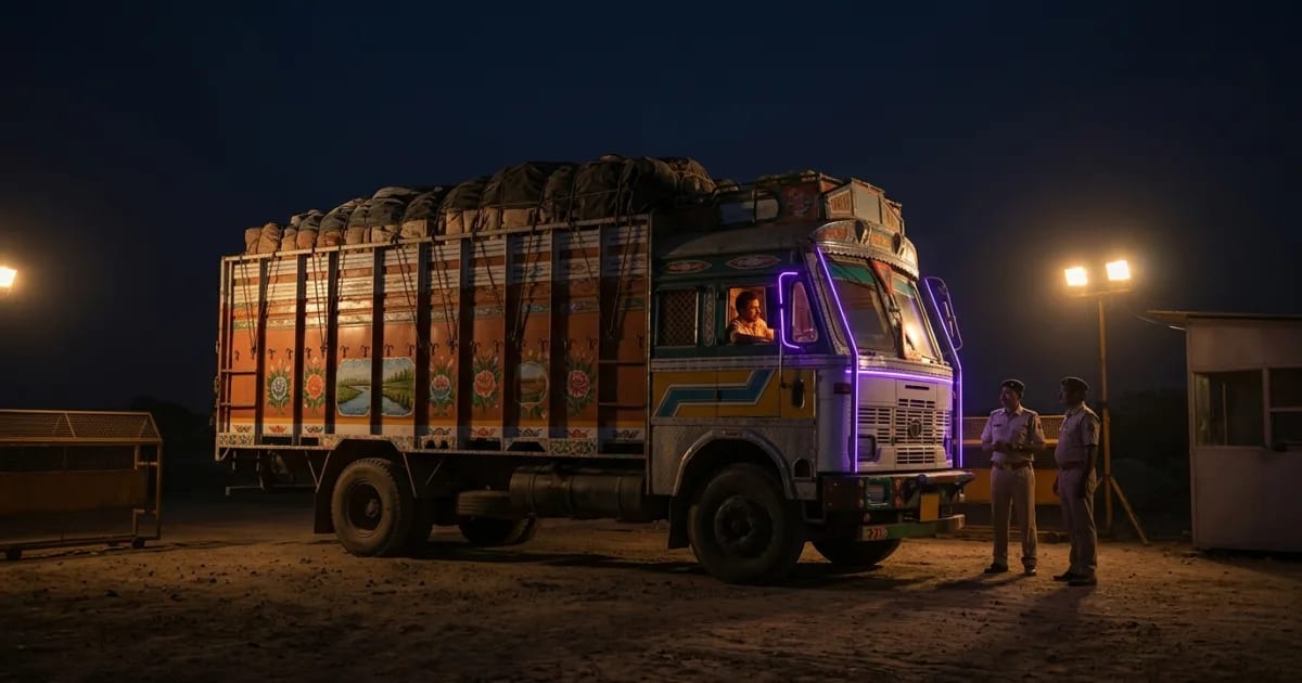 A truck on an Indian highway with a digital clock overlay, symbolizing eWay Bill distance validity rules