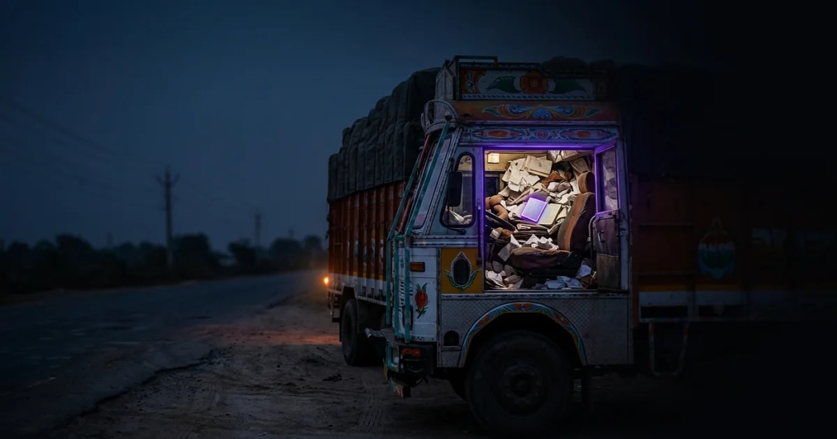 A truck driver on a highway in India checking his phone, representing the process of generating an eWay Bill for a transporter