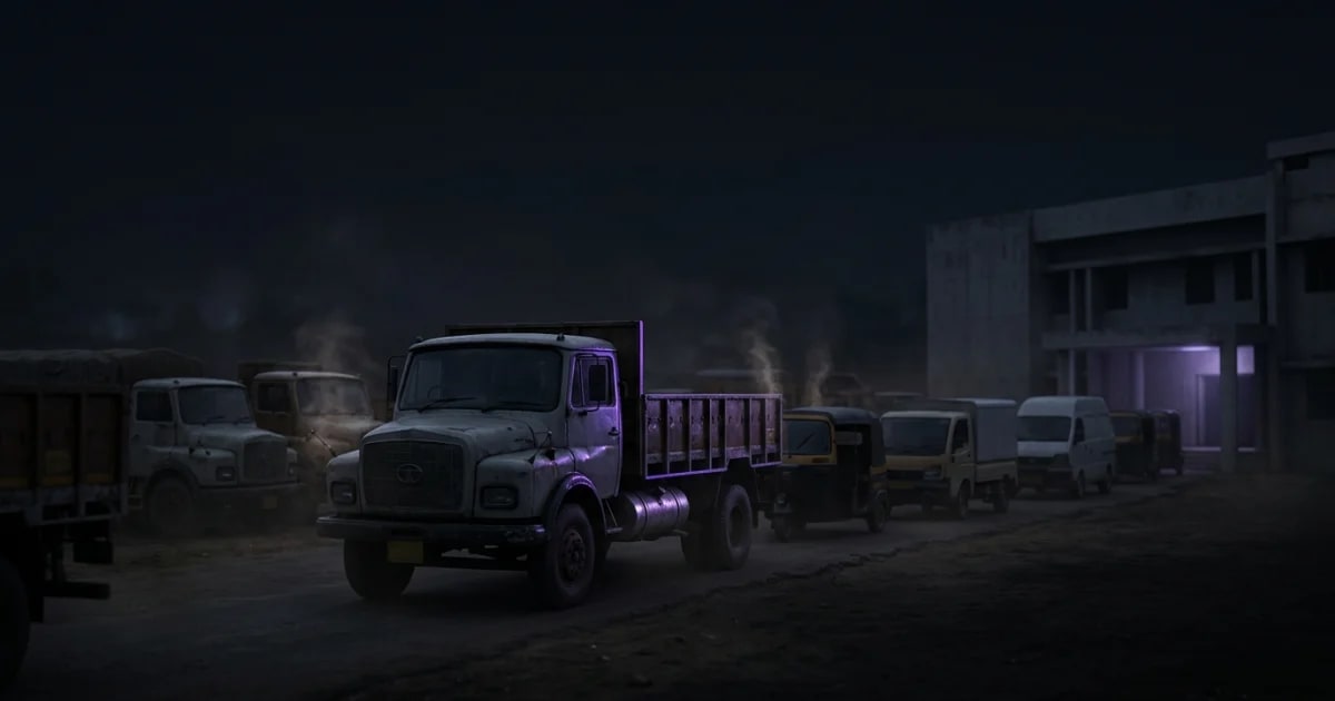 A truck undergoing a fitness inspection at an Indian RTO facility