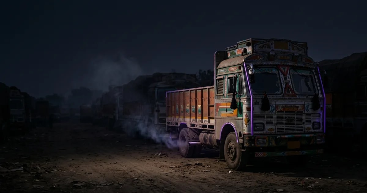 A truck parked at a dhaba with its engine running, symbolizing wasted fuel from idling