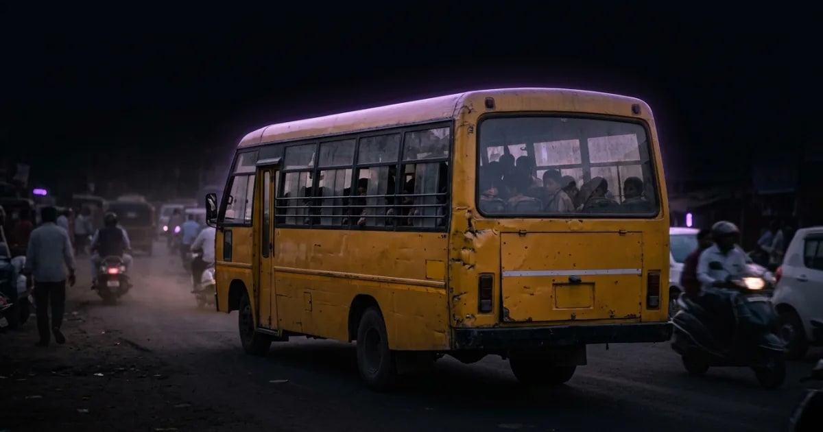 A school bus with a graphic overlay showing a GPS tracking route and parent alert icons on a smartphone