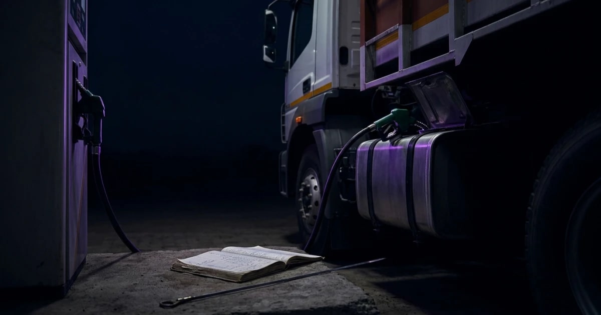 A manager approving a fuel indent on a mobile app with a fuel pump and truck in the background