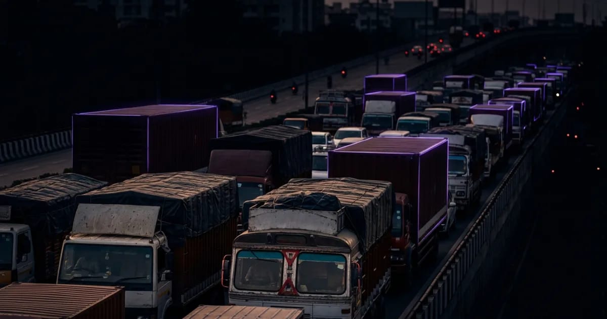 A truck navigating a congested highway in Delhi NCR, illustrating fleet management challenges.