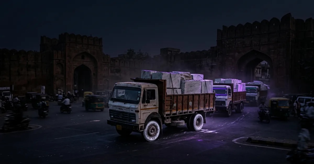 A truck fitted with a GPS tracking device driving on a highway in Rajasthan, with Jaipur's cityscape in the background.