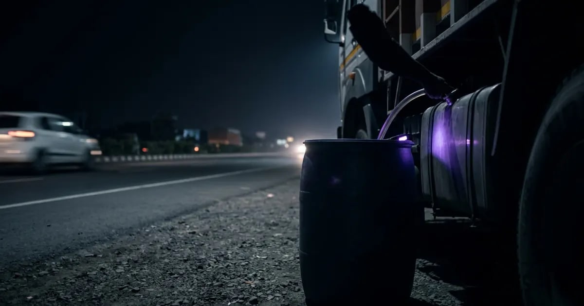 A truck driving on the Mumbai Pune highway with a digital overlay showing fuel level data