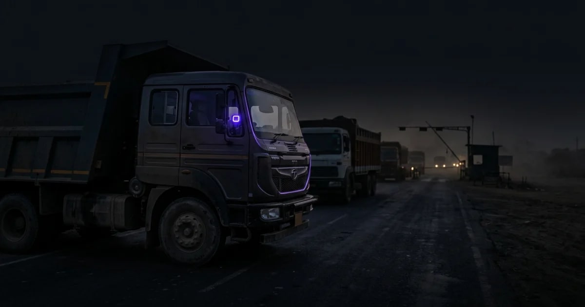 A certified AIS-140 GPS tracking device installed on the dashboard of a commercial truck in India