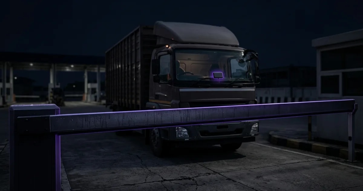A truck driver checking his tablet next to a commercial truck, representing AIS-140 compliance and data management.