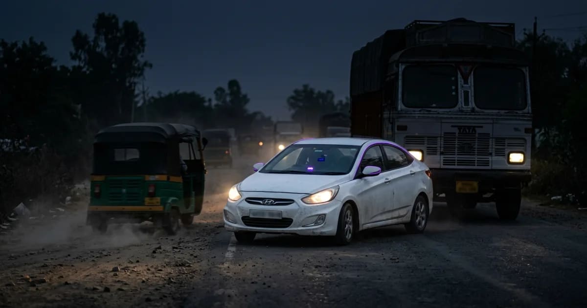 A dual-lens AI dashcam mounted on the windshield of a truck in India, showing both the road ahead and the driver's cabin