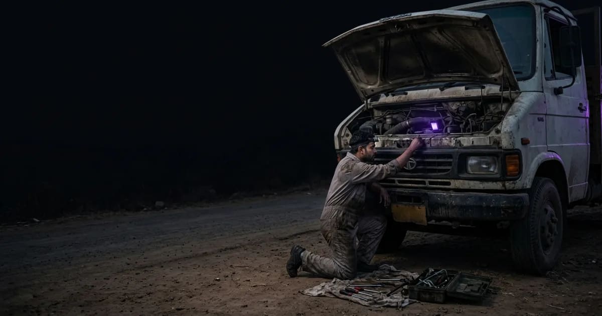A mechanic connects an OBD-II scanner to a truck's dashboard to read engine fault codes.