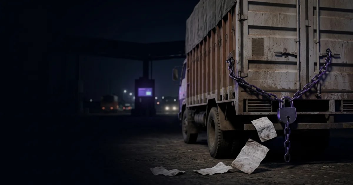 A transport manager reviewing an electronic proof of delivery on a tablet inside a warehouse
