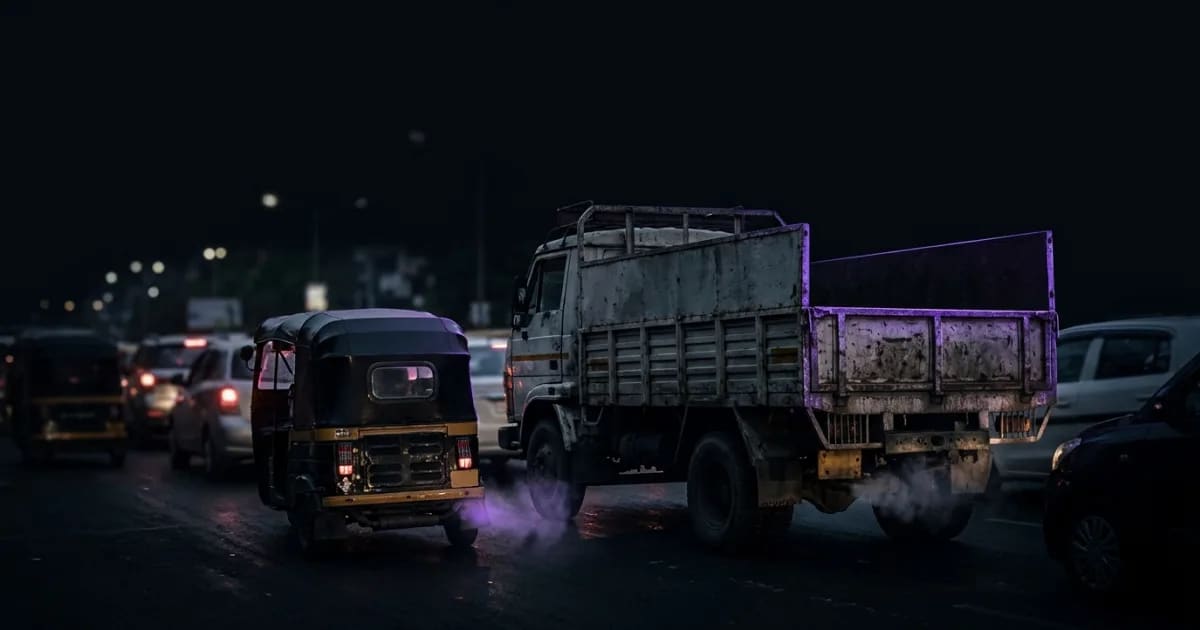 A close-up of a truck's engine with data overlays showing fuel consumption and temperature, illustrating the hidden costs of idling.