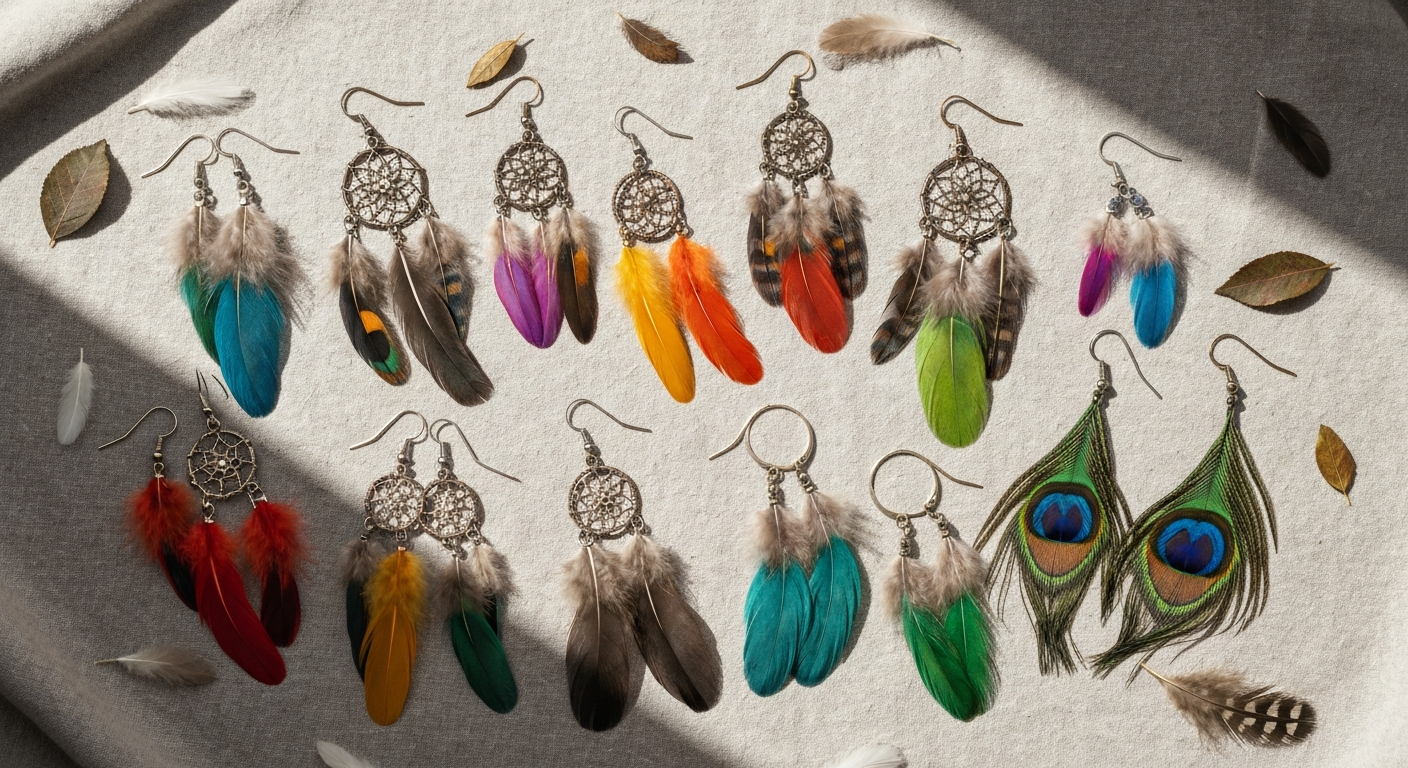 Feather earrings - boho dreamcatcher and peacock designs