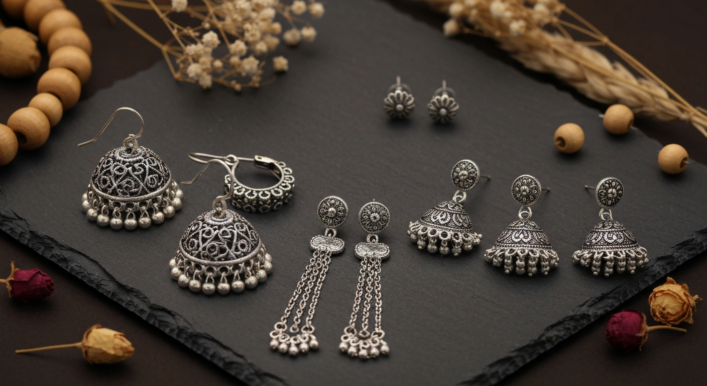 Collection of oxidised earrings for women including jhumkas, dangles and boho styles