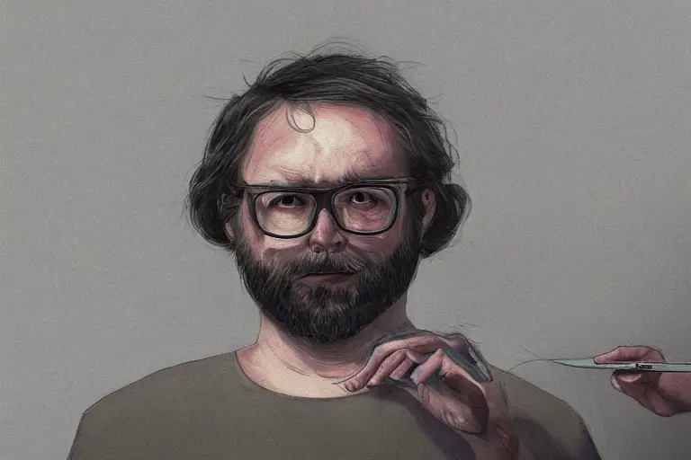 Prompt: "A 30year overweight software developer with beard and glasses, thin hair, tired and annoyed look, writing on a laptop, digital painting, realistic shaded, realistic shaded lighting, fan art, pixiv, by Ilya Kuvshinov, katsuhiro otomo ghost-in-the-shell, magali villeneuve, artgerm, Jeremy Lipkin and Michael Garmash and Rob Rey, by Aykut Aydogdu"