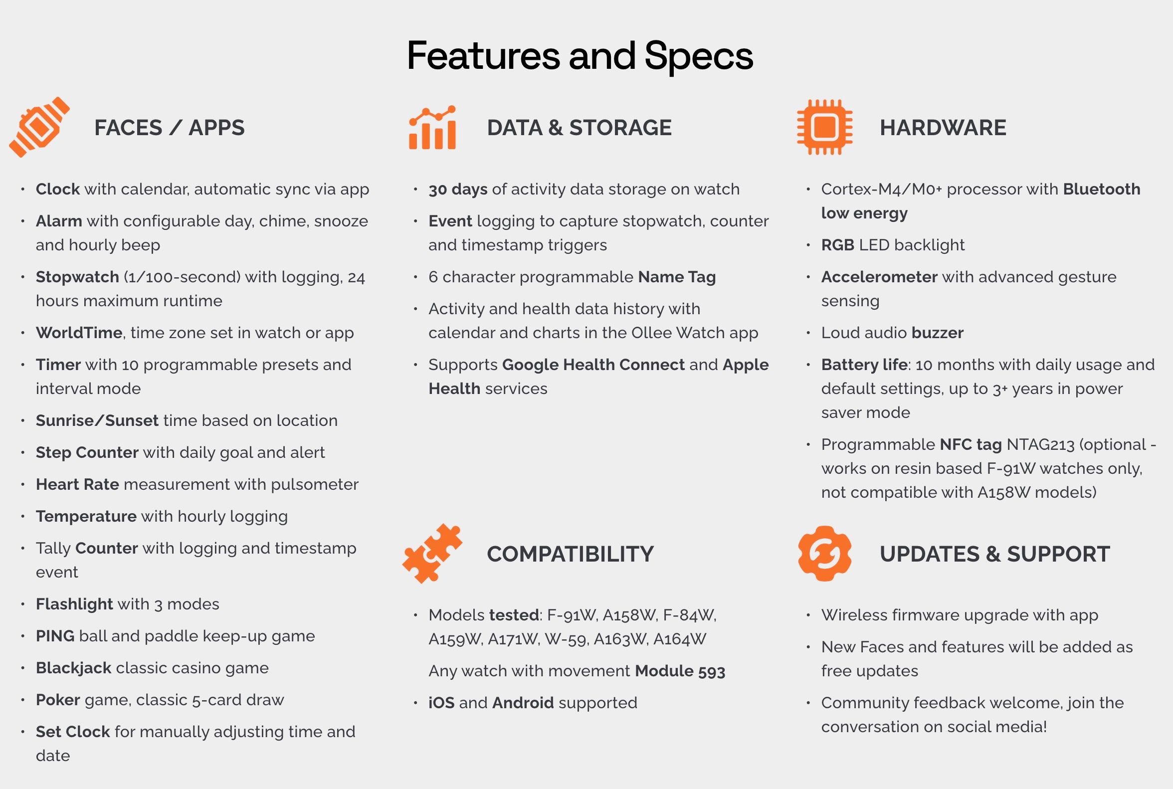 Screenshot: Features and Specs Ollee Watch
