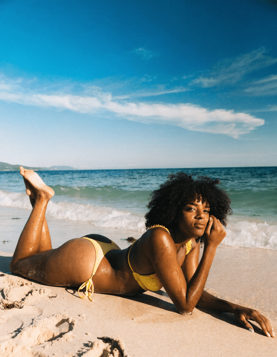 Sunset Glow: Lying in the Sand with the Perfect Yellow Bikini