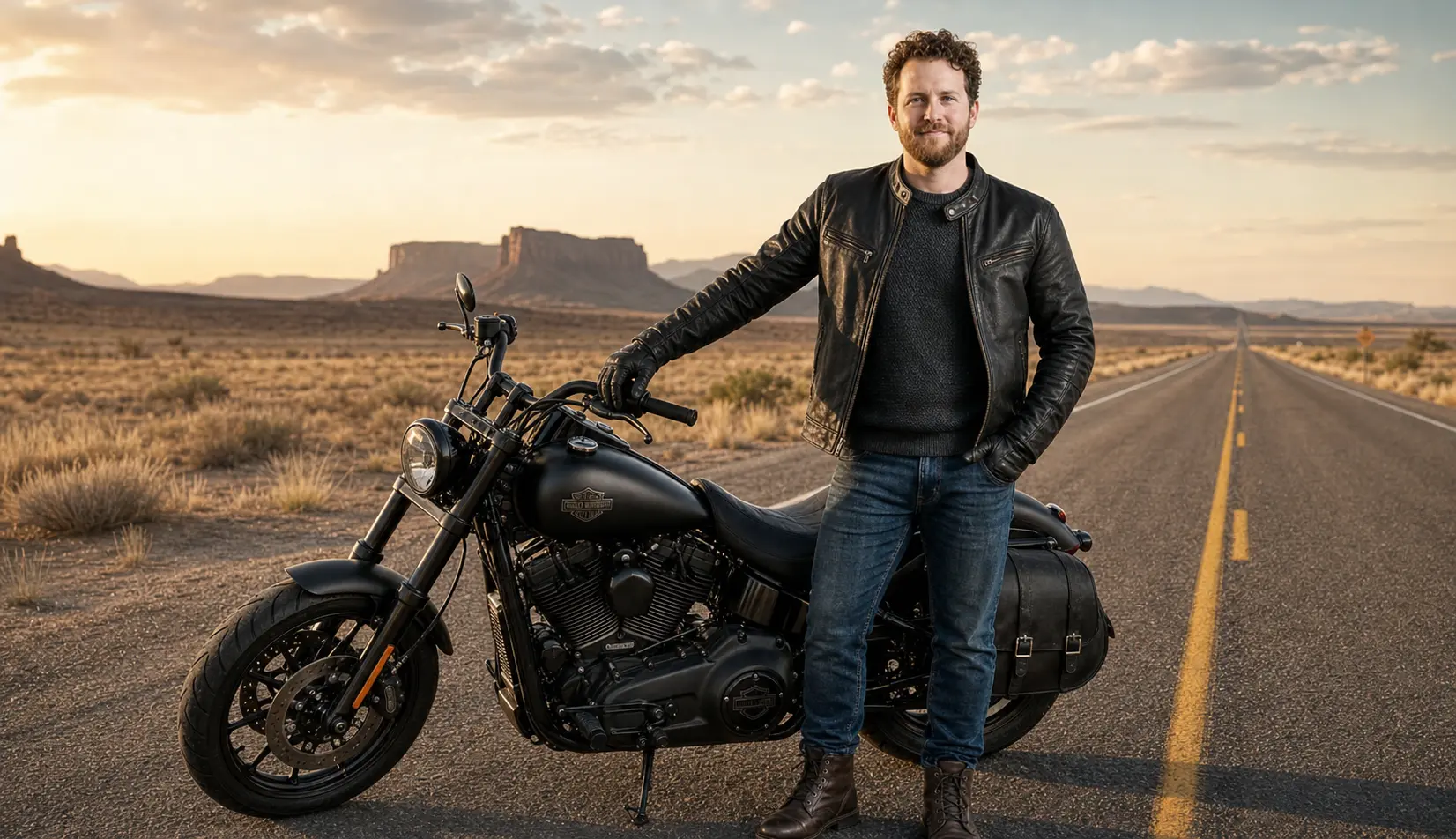 AI Output: Biker Road Photoshoot AI Image Prompt – Cool Motorcycle Standing Portrait