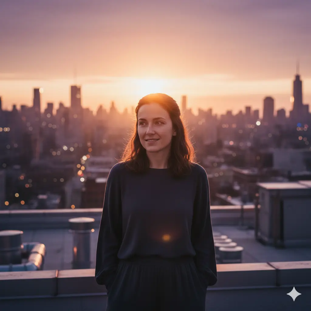 AI Output: Sunset AI Portrait Prompt – Rooftop Golden Hour Photo (Before After Transformation)