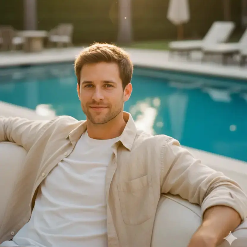 AI Output: Vacation AI Image Prompt – Luxury Poolside Lifestyle Portrait (Turn Photo into Travel Scene)
