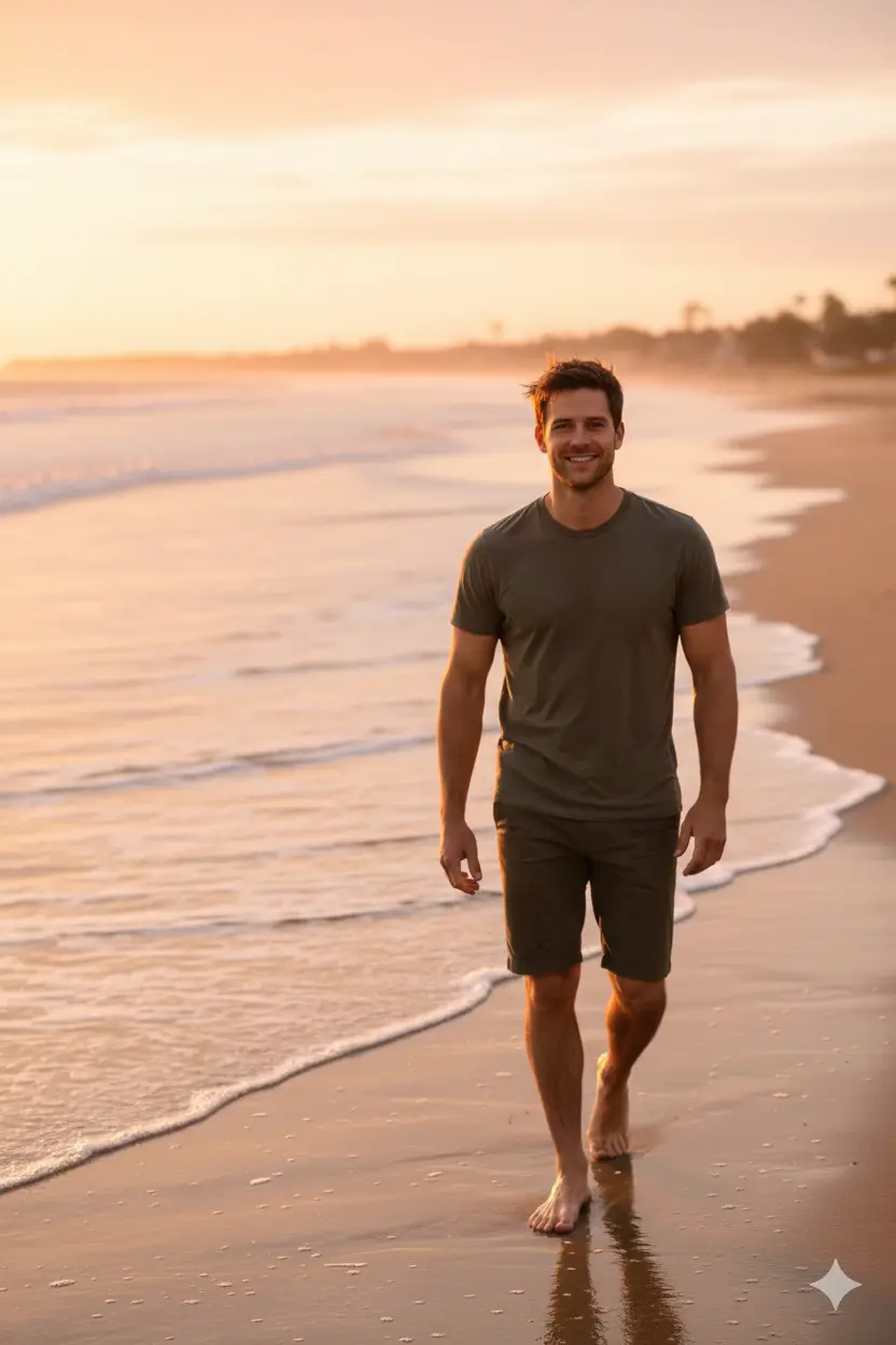 AI Output: Beach AI Image Prompt – Golden Hour Walk Portrait (Turn Photo into Cinematic Shoreline Scene)