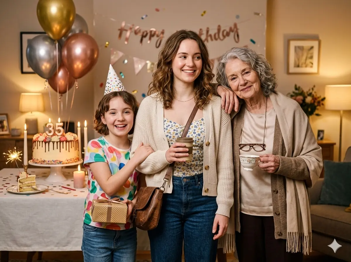 AI Output: Birthday Time Journey AI Image Prompt – Younger, Current & Older Self Portrait