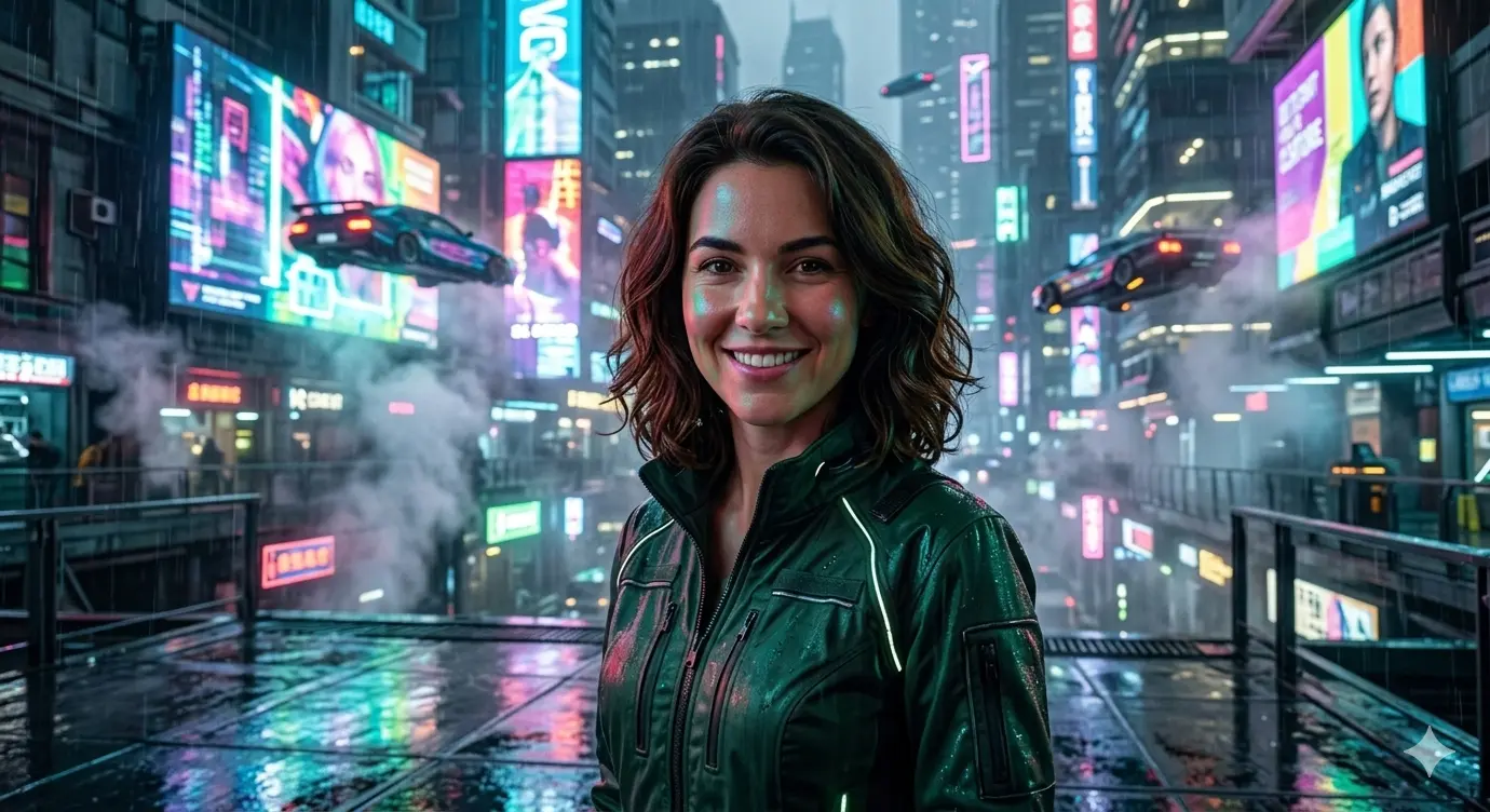 AI Output: Futuristic Cyberpunk Sci-Fi City AI Prompt – Neon Woman Portrait (Gemini AI)