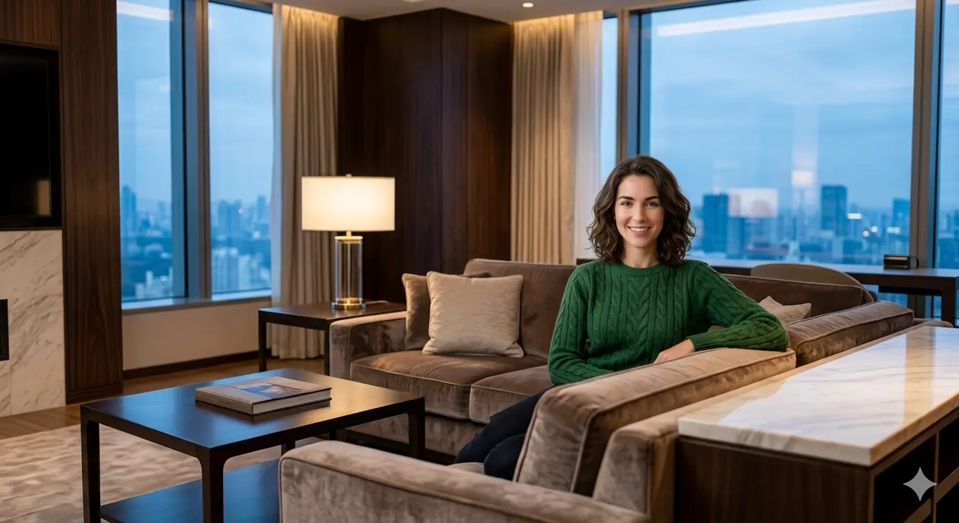 AI Output: Luxury Hotel Interior Lifestyle AI Prompt – Realistic Woman Suite Scene (Gemini AI)