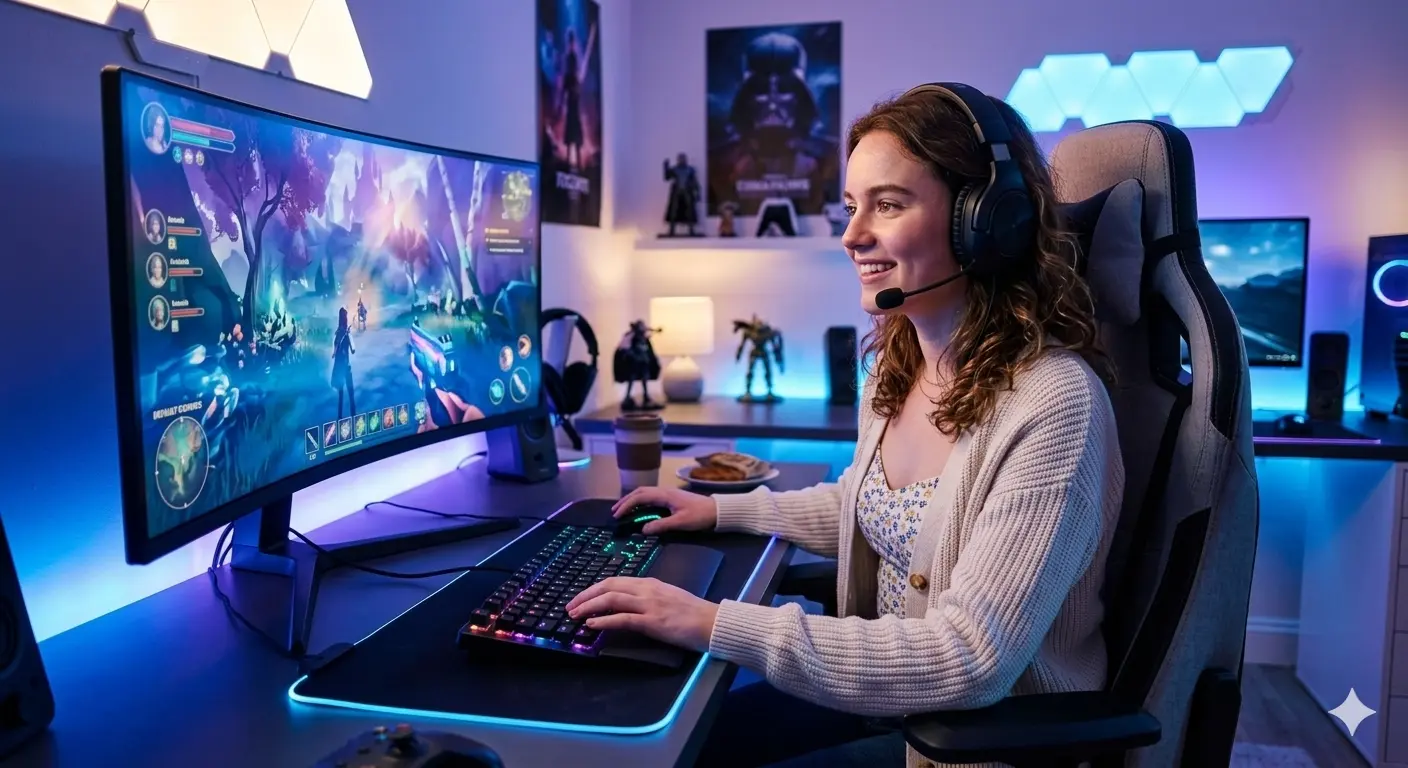 AI Output: Gaming Setup AI Image Prompt – Immersive Video Game Room Portrait Scene