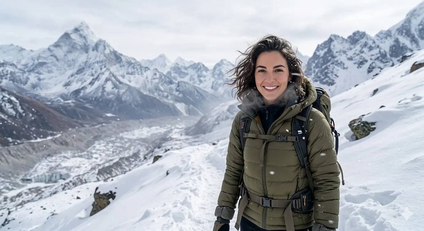 AI Output: Snow Mountain Hiking Adventure AI Prompt – Cinematic Woman Outdoor Portrait (Gemini AI)